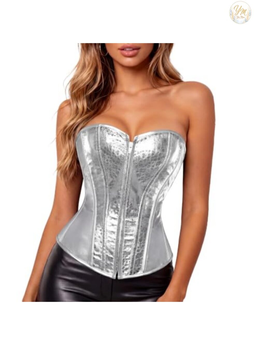 Faux Leather Corset Top with Front Zipper and Boning for Cosplay